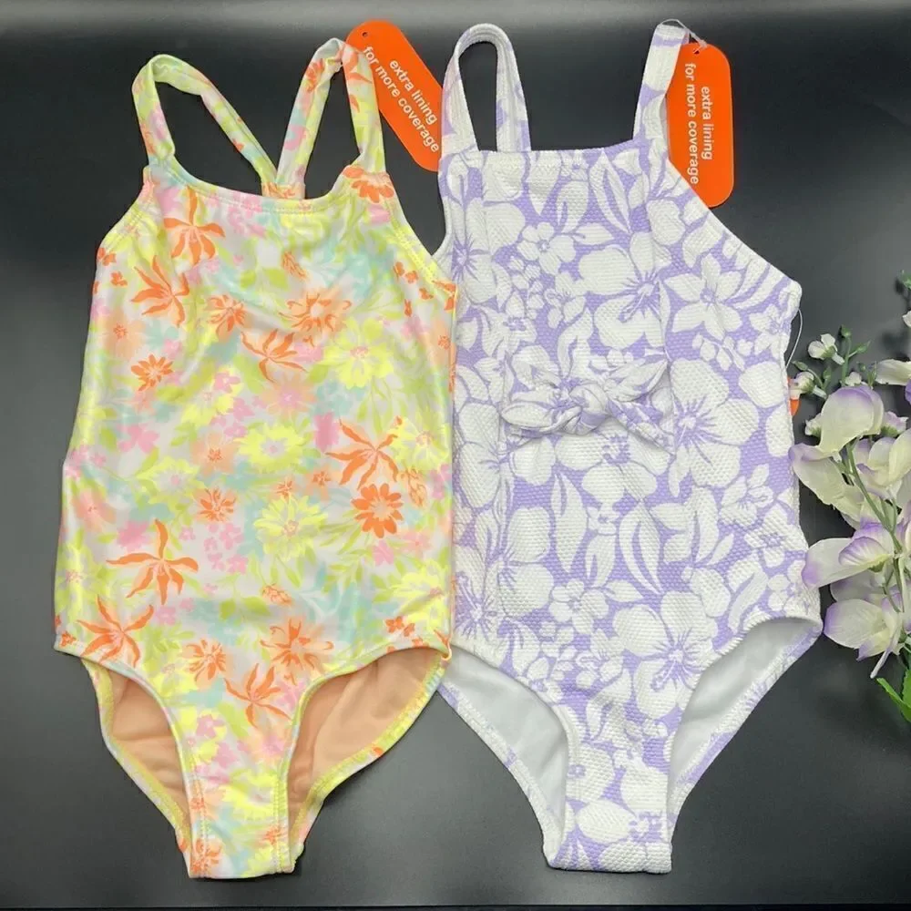 Girls Yellow Floral & Hibiscus Bathing Suit Swimsuit 1-Piece 2-Pack Size XS 4/5